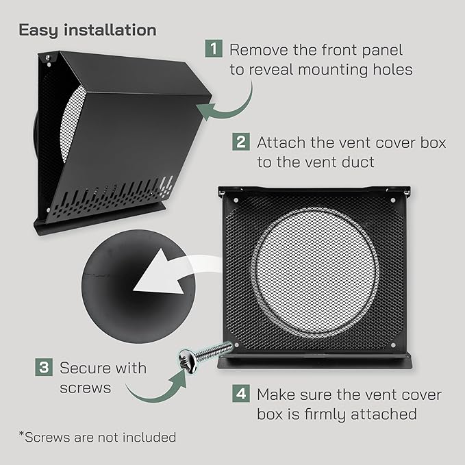 Vent Systems 8" Inch Supply Vent Cover with Rubber Gasket - Graphite Black Galvanized Steel - Robust and Weatherproof Outdoor Air Intake Box - Duct or Surface Mounting - Rain and Snow Protection