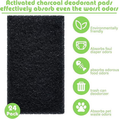 Timgle 24 Pcs Universal Trash Can Deodorizer Trash Bag Odor Absorbing Filters with 24 Double Sided Nano Glues Charcoal Deodorizer for Compost Buckets Countertop Garbage Bins