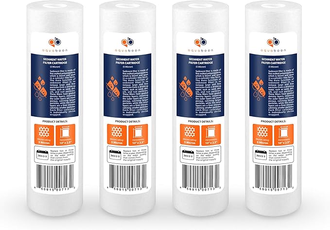 Aquaboon 5 Micron 10 x 2.5 Sediment Filter - Whole House Water Filter Replacement Compatible with Well Water Filters - P5, AP110, WHKF-GD05, 4 Pack
