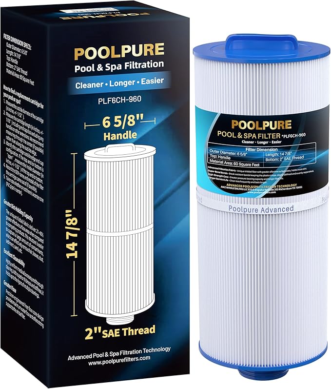 POOLPURE PLF6CH-960 Spa Filter Replaces PJW60TL-F2S, Jacuzzi Filters J-300, J400, Filbur FC-2800, 6540-476, 6540-383, Hot Tub Filter with Closed Handle(Not be Removed) 1PACK