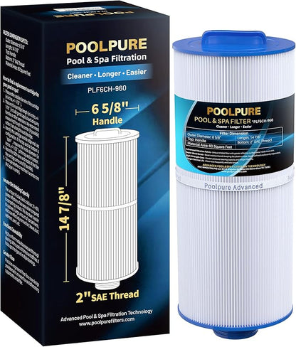 POOLPURE PLF6CH-960 Spa Filter Replaces PJW60TL-F2S, Jacuzzi Filters J-300, J400, Filbur FC-2800, 6540-476, 6540-383, Hot Tub Filter with Closed Handle(Not be Removed) 1PACK