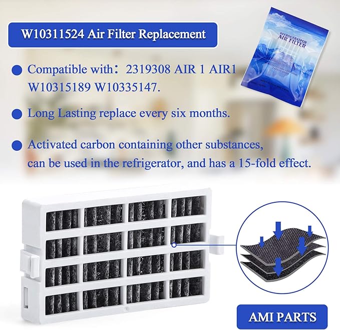 AMI PARTS W10311524 Air Filter &W10346771A Produce Preserver Replacement Compatible with Refrigerator(pack of 3 each)