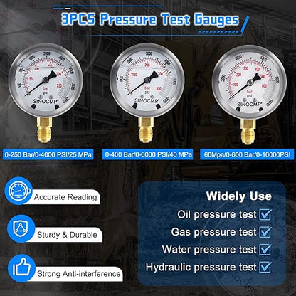 SINOCMP Hydraulic Pressure Test Kit with 3 Gauges(25/40/60Mpa), 12 Test Couplings, 3 Test Hoses(64in) Diagnosis Tester Gauge Kit Set for Excavator Construction Machinery
