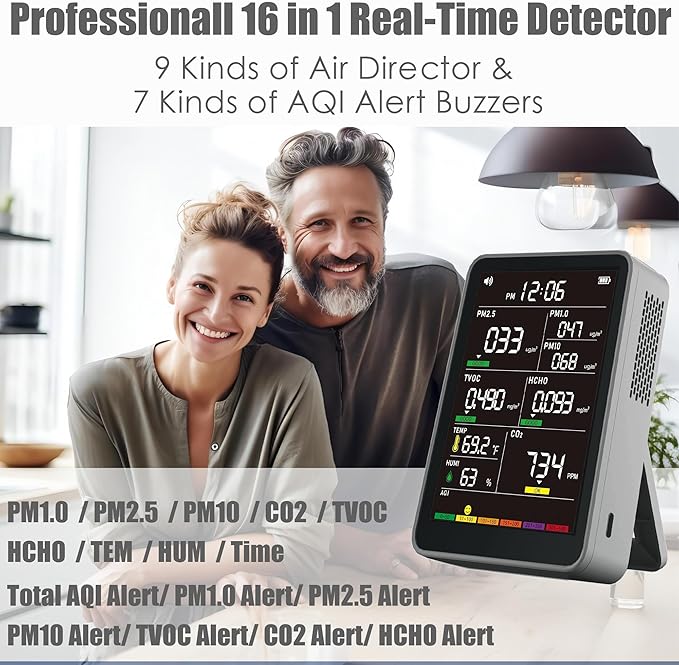 Professional Indoor Air Quality Monitor with AQI, Portable Real-Time Detector for Home Cars Plants and Pets (Gray)