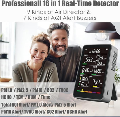Professional Indoor Air Quality Monitor with AQI, Portable Real-Time Detector for Home Cars Plants and Pets (Gray)