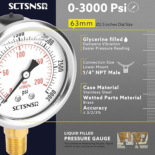 2-1/2" Dial Size, 0-3000 Psi Pressure Gauge, Glycerin Liquid Filled, 1/4" NPT Lower Mount, Stainless Steel Case, for Regulator, Brew Setup, Beer, Kombucha, HVAC, Hydraulic, High Pressure Test