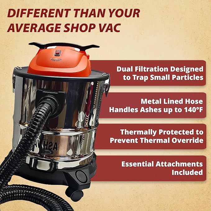 Pellethead Ash Vault Pro | 10-Amp Ash Vacuum for Fireplaces, Pellet Stoves & BBQs – 5-Gal Capacity, Dual HEPA, Heat-Resistant Hose, Steel Tank