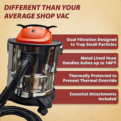 Pellethead Ash Vault Pro | 10-Amp Ash Vacuum for Fireplaces, Pellet Stoves & BBQs – 5-Gal Capacity, Dual HEPA, Heat-Resistant Hose, Steel Tank
