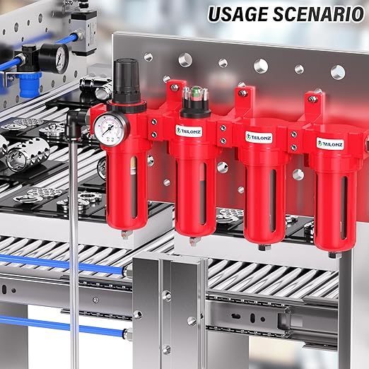TAILONZ PNEUMATIC 0-150PSI 1/4 Inch NPT Red Industrial Grade 4 Stage Air Drying System, Particulate Filter, Coalescing Filter, Double Desiccant Dryer and Air Regulator (Manual Drainage)