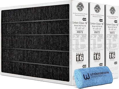 Lennox X6672 16x25x5 Furnace Filter, Lennox Healthy Climate Carbon Clean Merv 16 Home HVAC Air filter, 3 Pack with Cleaning Cloth