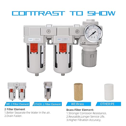NANPU DFR-04 1/2" NPT Air Drying System - Double Air Filters, Air Pressure Regulator Combo - Semi-Auto Drain, Poly Bowl