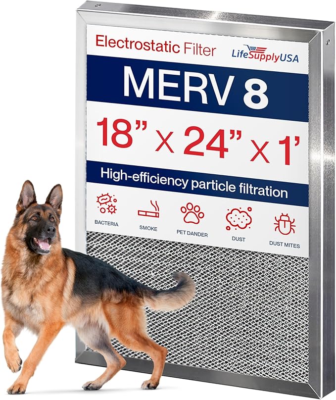 18x24x1 Electrostatic Air Filter, MERV 8, Washable, Reusable Furnace AC/HVAC Filter, Energy Saving, Easy to Clean, Long-Lasting by LifeSupplyUSA
