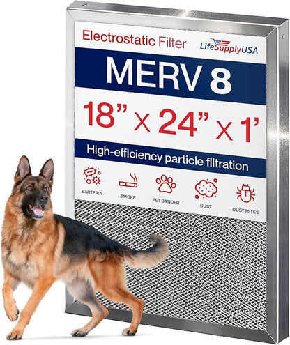 18x24x1 Electrostatic Air Filter, MERV 8, Washable, Reusable Furnace AC/HVAC Filter, Energy Saving, Easy to Clean, Long-Lasting by LifeSupplyUSA