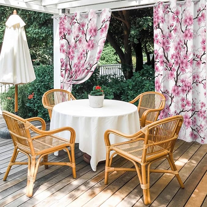 Cherry Flowers Outdoor Curtains for Patio Spring Flower Vintage Watercolor Waterproof Outside Curtains with Grommet Top Weatherproof Curtain for Cabana Pergola Gazebo, 2 Pack, 54" W x 95" L