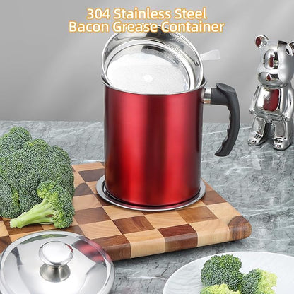 Kaemi 2.2L / 74OZ Bacon Grease Container with Strainer, Red Grease Keeper Can Oil Storage Catcher for Kitchen with Lid and Easy Grip Handle for Storing Meat Frying and Cooking Oil