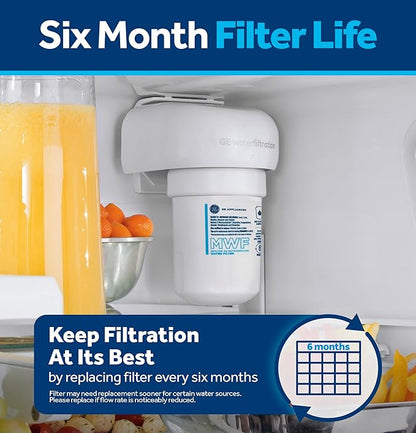 GE MWF™ Refrigerator Water Filter, Genuine Replacement Filter, Certified to Reduce Lead, Microplastics, PFOA/PFOS, and 50+ Other Impurities, Compatible with GE Appliances Brands, Pack of 1