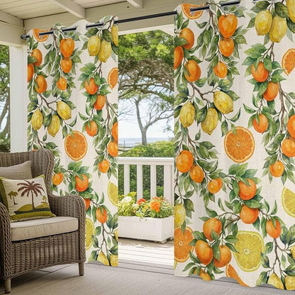 Lemons Yellow Orange Summer Plant Linen Outdoor Curtains for Patio Waterproof Outside Curtains with Grommet Top Weatherproof Curtain for Cabana Pergola Gazebo, 1 Panel, 54" W x 95" L
