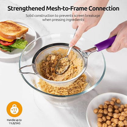 U-Taste Medium Fine Mesh Strainer: 18/8 Stainless Steel 4.73in 30 Mesh Kitchen Food Sieve with Sturdy Riveted Silicone Handle, Heavy Duty Deep Handheld Metal Colander for Rice, Quinoa, Flour (Purple)