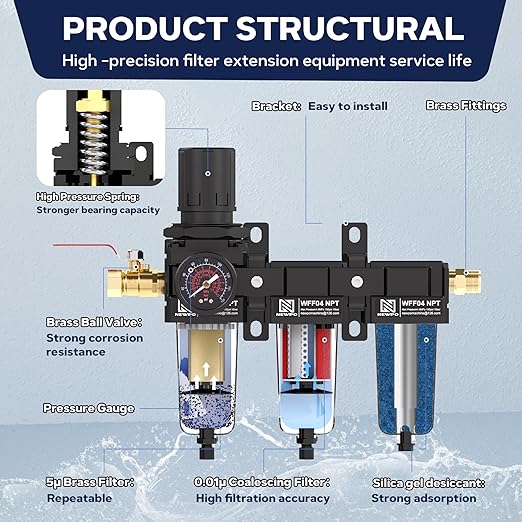 NEWPO 1/2" NPT 3 Stage Air Drying System,Air Dryer for Compressor with 5＆0.01 Micron Filter Cartridge，Desiccant Dryer & Air Regulator, Metal Bowl Semi-Auto Drain