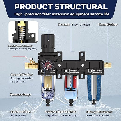 NEWPO 1/2" NPT 3 Stage Air Drying System,Air Dryer for Compressor with 5＆0.01 Micron Filter Cartridge，Desiccant Dryer & Air Regulator, Metal Bowl Semi-Auto Drain