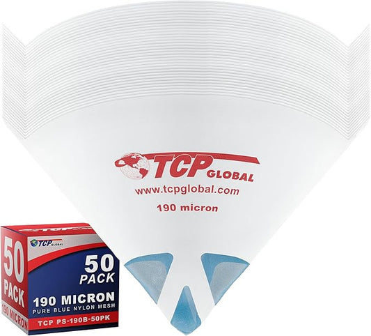 TCP Global - 190 Micron Filter Tips Ultra-Fine Paint Strainer (50 Pack) - Pure Blue Nylon Mesh Cone Strainer - Paint Filter Cones for Auto, House & Hobby