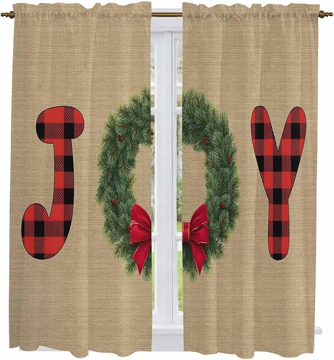 Red Green Christmas Window Curtains 63 Inch Long 2 Panel Set, Rod Pocket Bedroom Curtains & Drapes, Xmas Botanical Winter Farmhouse Light Filtering Window Treatment for Living Room 42"W x 63"L