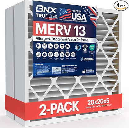 BNX TruFilter 20x20x5 (19.88’’ x 19.88’’ x 4.38‘’ Honeywell Compatible 4”) MERV 13 Air Filter (2-Pack) - MADE IN USA - HVAC AC Furnace Filters Health, Allergies, Mold, Bacteria, Smoke, MPR 1900 FPR 10