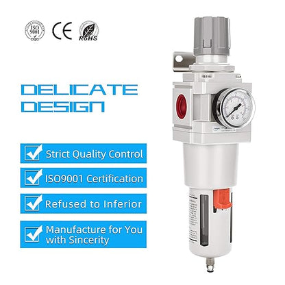 NANPU 1" NPT Compressed Air Filter Regulator Combo Piggyback, 5 Micron Brass Element, Poly Bowl, Semi-Auto Drain, Metal Bracket, 0-150 psi Gauge