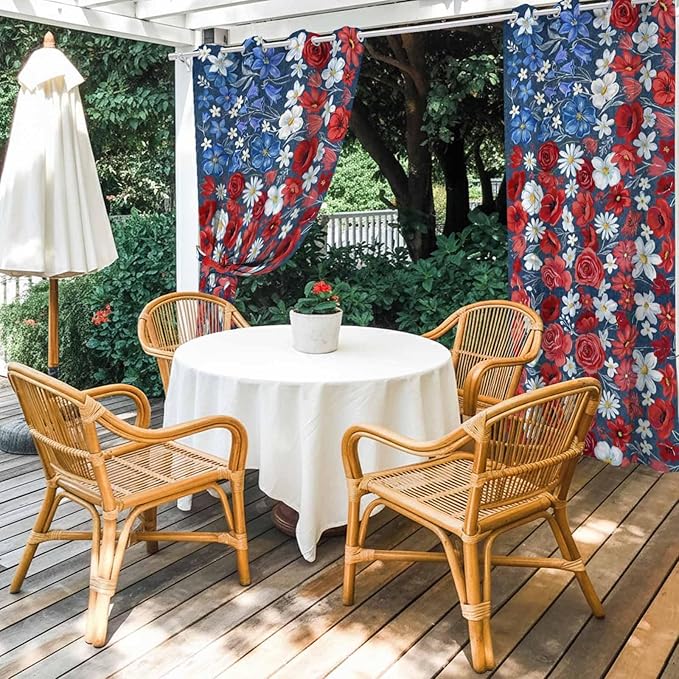4th of July Outdoor Curtains for Patio Patriotic Flowers Farmhouse Red Waterproof Outside Curtains with Grommet Top Weatherproof Curtain for Cabana Pergola Gazebo, 2 Pack, 54" W x 95" L