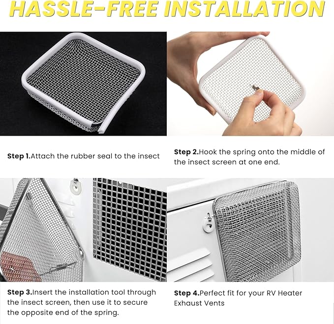 SheeChung RV Furnace Vent Screen, Flying Insect Screen Water Heater Cover for Camper, 4.5 x 4.5 x 1.3 Inch and RV Water Filter 4 Pack with Flexible Hose Protector
