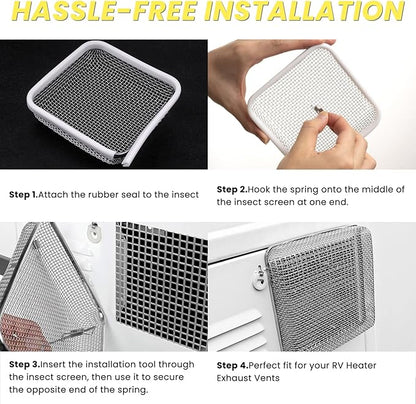 SheeChung RV Furnace Vent Screen, Flying Insect Screen Water Heater Cover for Camper, 4.5 x 4.5 x 1.3 Inch and RV Water Filter 4 Pack with Flexible Hose Protector