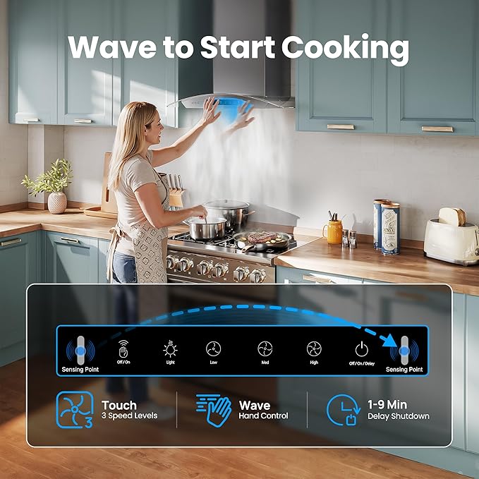 36" Wall Mount Range Hood Tempered Glass 900 CFM, Kitchen Chimney Vent Stainless Steel, with Gesture Sensing and Touch Control Switch Panel, 3-Speed Exhaust Fan Permanent Filter