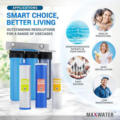 Max Water 3 Stage Nitrate Removal 3 Stage 20"X 4.5" Whole House Water Filter System - Wound Sediment + Anion Resin Nitrate Reduction + GAC - 1" Inlet/Outlet
