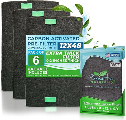 Breathe Naturally Universal 12x48 Cut-to-Fit Activated Carbon Filter (6 Pack) Charcoal Air Filter Sheet for Air Purifiers