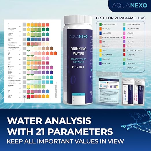 21 Parameters, 125 + 20 Drinking Water Test Strips + 2 x Coliform Bacteria Test, pH Test Strips, Water Tester Drinking Water, Water Hardness Measure, Drinking Water Hardness Test Strips