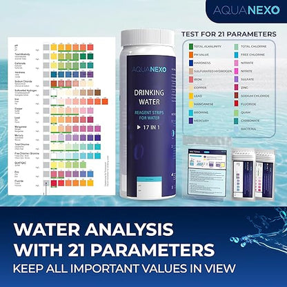 21 Parameters, 125 + 20 Drinking Water Test Strips + 2 x Coliform Bacteria Test, pH Test Strips, Water Tester Drinking Water, Water Hardness Measure, Drinking Water Hardness Test Strips