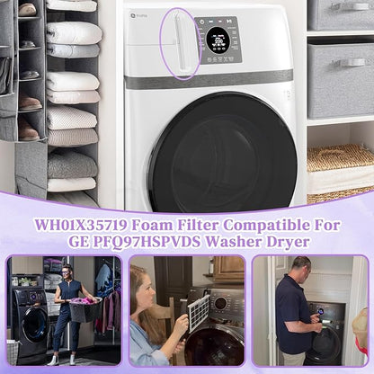 WH01X35719 Lint Filter Compatible with Ge Profile Washer Dryer Combo Foam Filter for PFQ97HSPV0DS Combo Washer Dryer Filter with Lint Brush (1 Long Handled Brush) - Hand Washable and Reusable (2pack)