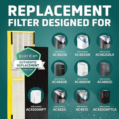 GermGuardian HEPA Pure Genuine Air Purifier Filter B, Removes 99.97% of Pollutants, Wildfire Smoke, Odors, for AC4825, AC4300, AC4900, AC4880, AC4850, CDAP4500,Black/Yellow,FLT4825,2 Count (Pack of 2)