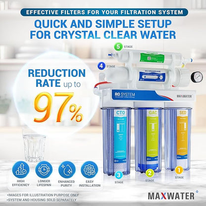 Max Water 5 Micron Replacement Filter Set (10 inch x 2.5 inch) for Standard 5 Stage RO (Reverse Osmosis) Water Filter System - PP Sediment, GAC, CTO & Post Carbon