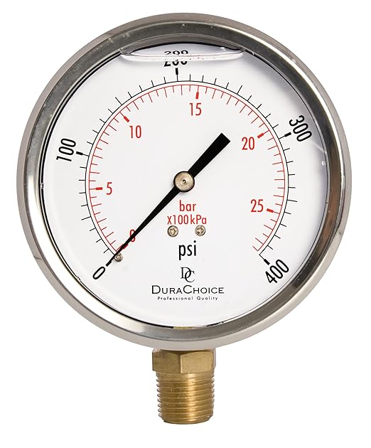 4" Oil Filled Pressure Gauge - Stainless Steel Case, Brass, 1/2" NPT, Lower Mount Connection, 0-400PSI