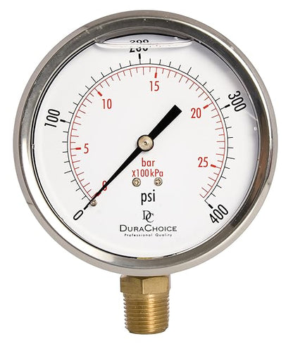4" Oil Filled Pressure Gauge - Stainless Steel Case, Brass, 1/2" NPT, Lower Mount Connection, 0-400PSI
