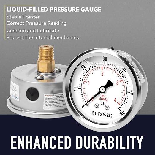 2-1/2" Dial Size, 0-60 Psi Low Pressure Gauge, Glycerin Liquid Filled, 1/4" NPT Back Mount, Stainless Steel Case, for Pool Sand Filter, Water Pump, Regulator, Air, Oil Pressure Test
