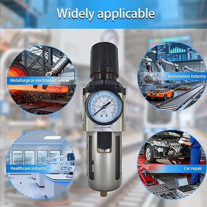 HengMinLingTong 1/2" NPT Compressed Air Filter Regulator Combo Piggyback, 5 Micron Brass Element, Poly Bowl, Semi-Auto Drain, Metal Bracket, 0-150 psi AW4000-04