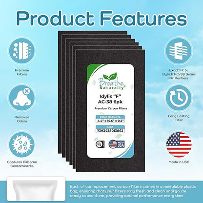 Breathe Naturally - Carbon Filters Compatible with Idylis F AC-38 Series Air Purifiers - Made for Idylis F AC-38/560885 Series - Made in USA - Odor Control for Air Purifiers(6 Pack Carbon Filter)