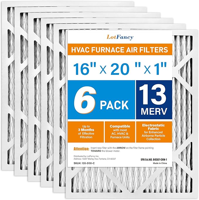 LotFancy 16x20x1 Air Filter MERV 13 6-Pack, Electrostatic Pleated HVAC Furnace Air Filter, Captures Pet Dander Smog Smoke, Actual Size: 15.75"x15.75"x0.75"
