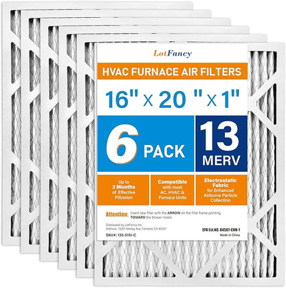 LotFancy 16x20x1 Air Filter MERV 13 6-Pack, Electrostatic Pleated HVAC Furnace Air Filter, Captures Pet Dander Smog Smoke, Actual Size: 15.75"x15.75"x0.75"
