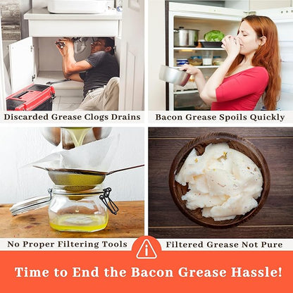 Bacon Grease Container with Strainer - With Food-Grade Silicone Spatula, 46oz Large Enamel Rustic Farmhouse Fat Container, Keeper, Recipes, Dishwasher Safe