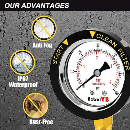 0-60PSI Pool Filter Pressure Gauge, 2 inches Dial, 1/4" NPT Bottom Mount, 304Stainless Steel Case, IP67 Waterproof, Clean Filter Indicator, for Swimming Water Pump Spa Aquarium Pressure Test