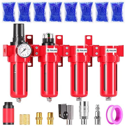 TAILONZ PNEUMATIC 0-150PSI 1/4 Inch NPT Red Industrial Grade 4 Stage Air Drying System, Particulate Filter, Coalescing Filter, Double Desiccant Dryer and Air Regulator (Manual Drainage)