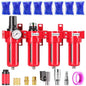 TAILONZ PNEUMATIC 0-150PSI 1/4 Inch NPT Red Industrial Grade 4 Stage Air Drying System, Particulate Filter, Coalescing Filter, Double Desiccant Dryer and Air Regulator (Manual Drainage)